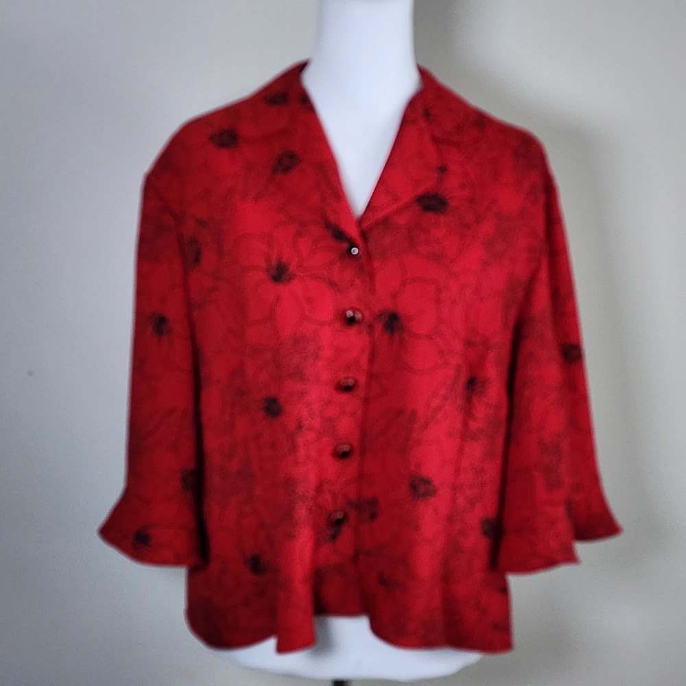 90s Poppy Floral Blouse Womens Large Red Ruffle Hem Vintage Feminine Romantic